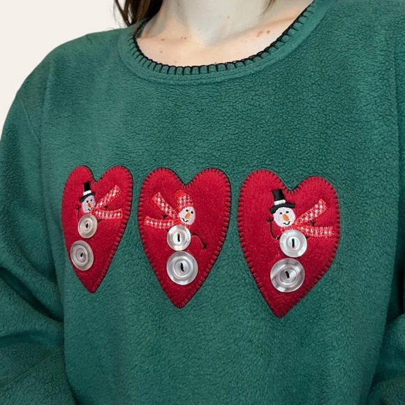 Vintage Fleece Pullover Christmas Snowman Button Embroidered Sweatshirt Crewneck - Picture 6 of 8